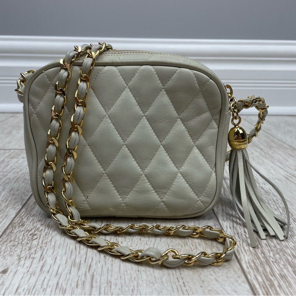 Zenith leather quilted crossbody camera bag tassel cream ecru snd gold chain